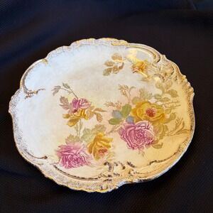 Vintage Floral Porcelain Plate Germany Gold Trim‎ Roses Pink Yellow Collectible